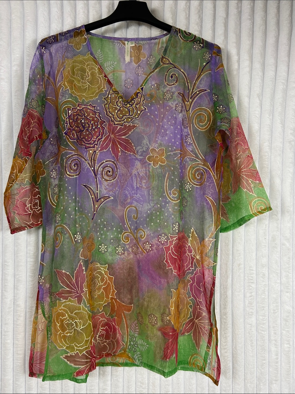 Palmera Sheer Floral V-Neck beach Tunic Top in Multicolor OS